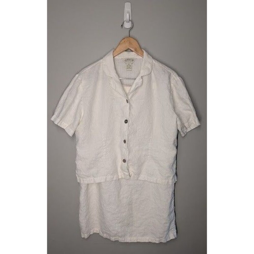 Orvis Womens Sz 16P White 100% Linen Short Sleeve Blouse & Long Skirt Set
